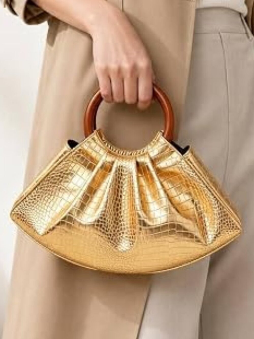 Neiman Marcus Ruched Croco Gold Puffy PU Leather Handbag